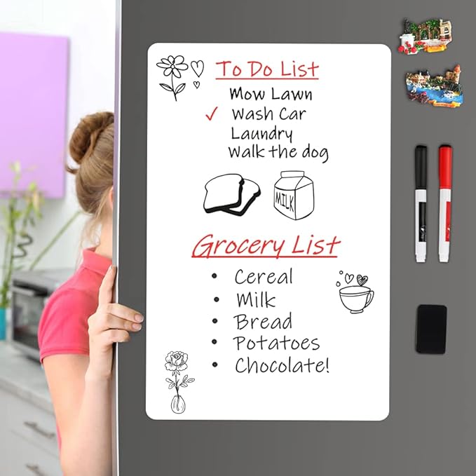 Magnetic Dry Erase Board Fridge White Board Sheet 20x13 inch, Flexible Large Refrigerator Magnets Whiteboard Planner for Home Kitchen, 2 Markers and Eraser