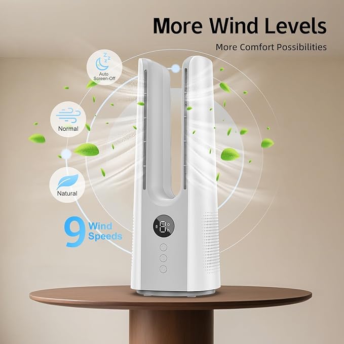 13 Inch Desk Fan, Portable Bladeless Fan, Small Quiet Table Fan with 60°Oscillating, 9 Speeds & 9H Timer, LED Display, Button Control, Easy to Clean, Personal Desktop Fan for Bedroom, Office，Home