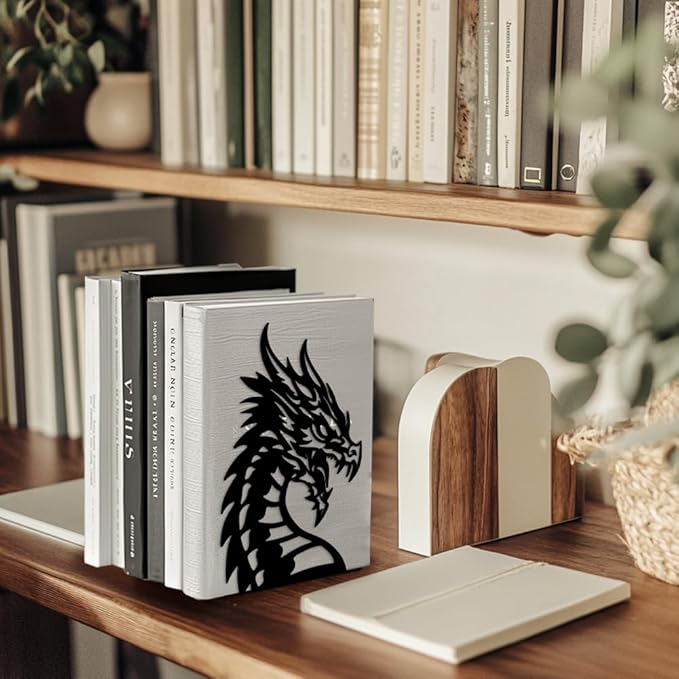 Peacoblue Metal Bookends for Shelves, Modern Decorative Heavy Duty Study Book Support Stoppers for Office, Desk, Shelf, Room 5.3"x4.3"x7.9" Cast Iron Simple Tall Bookends, 1 Pair (Dragon Head)