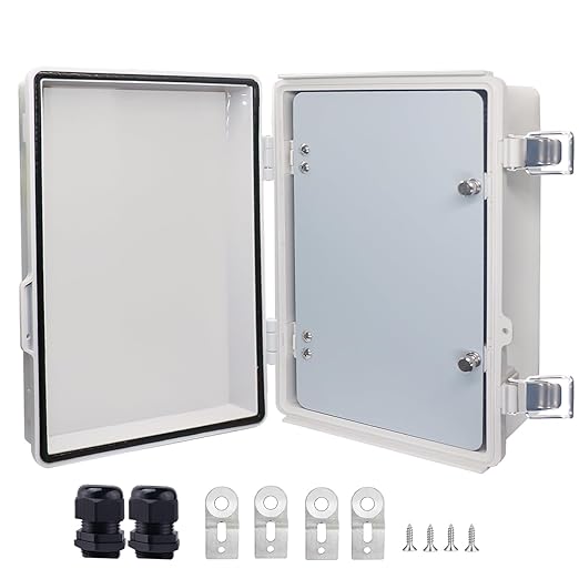 IP67 Waterproof Junction Box with Inner Door, ABS Plastic Electrical Enclosure with Stainless Steel Latch, Hinged Cover Electric Box with Mounting Plate, Wall Brackets & Cable Glands 290x190x140