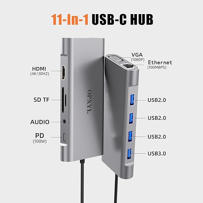 OPXYL 11-in-1 USB C Hub Multiport Adapter, USB C Docking Station with 4K HDMI, VGA 1080P, 100W PD, Ethernet, SD/TF, Audio, USB 3.0 Port, Laptop Dock for MacBook Pro/Air, iPad, Windows (Light Gray)