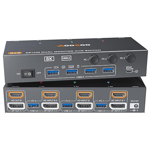 HDMI Displayport KVM Switch 3 Computers 2 Monitors, 8K@60Hz/4K@144Hz Dual Monitor KVM Switch for 3 PCs Share 2 Monitors, with 4 USB3.0 Ports, USB Cables and Power Adapter,Black 13cm HDMI DP KVM