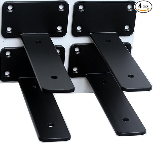 4 Pack - 5 inch Black Hidden L Shelf Bracket (1/5 Inch Thicked) Iron Floating Shelf Brackets Rustic Industrial Metal Brackets for Shelf Support