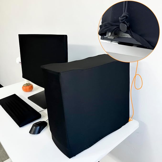 3-Piece Computer Dust Cover Set - Waterproof & Dustproof with Elastic Fabric, Pure Black Minimalist Design, Includes mainframe Case, Keyboard & 19-27 Inch Monitor Covers , Universal Fit