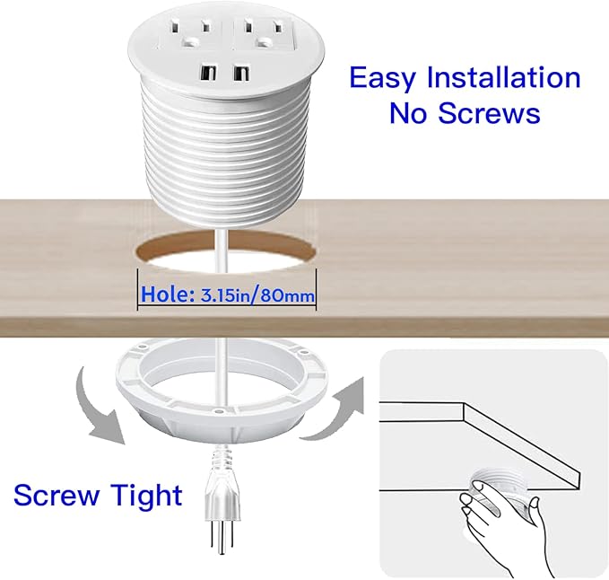 Desk Power Grommet with USB Ports 3.15 Inch Desktop Outlet Recessed Power Bar for Countertop Sofa Cabinet Conference (White)