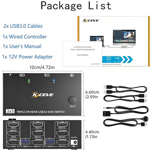8K KVM Switch 3 Monitors 2 Computers 8K@60Hz 4K@144Hz,3 Monitors KVM Switch for 2 Computers Sharing Triple Monitors,Keyboard,Mouse,Printer with 2*USB3.0 Cables,Power Adapter and Controller