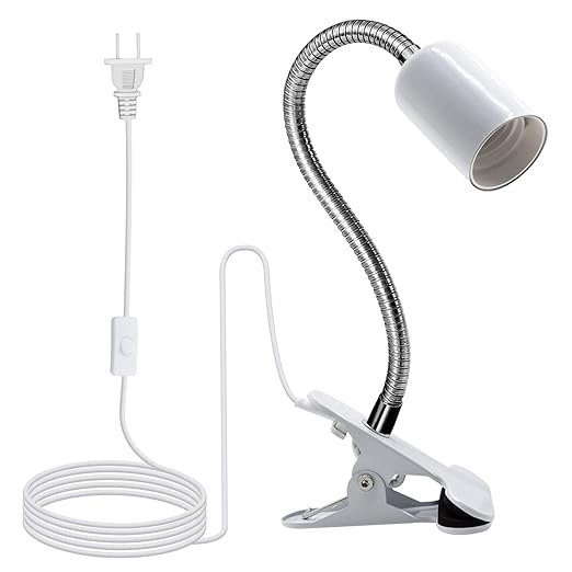Clip on Lamp Holder, White Clamp Light Socket, Clip on Desk Lamp, E26 Book Clamp Light Fixture, 360° Flexible Gooseneck Lighting, E27 Bulb Holder with 7 Ft Plug and Switch, for Bedside