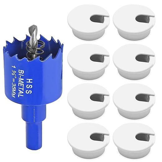 8pcs 1-3/8 Inch Desk Grommet with Drilling Hole Saw, Plastic Desk Hole Cover, White Cable Hole Cover, Desk Hole Grommet for Wire Cord Organizing Office Computer Desk