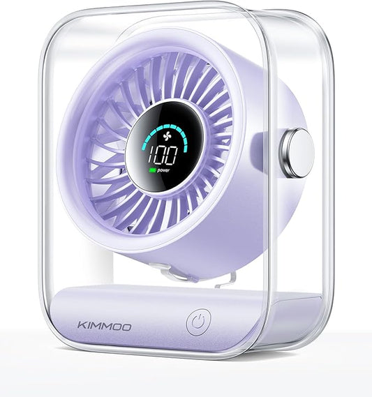 KIMMOO USB Desk Fan, Quiet Table Fan with Turbo Airflow, 100 Speeds, Digital Display, 90° Rotating, Small Rechargeable Battery Desktop Fans for Bedroom Home Office Travel, Lavender