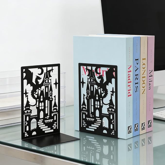 Book Ends, Bookends, Book Ends for Shelves, 2Pair Non Skid Metal Book Divider Decorative Holder, Abstract Art Desgin Book Stopper Supports for Office, Home (Dragon D)