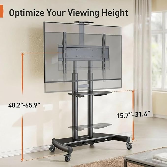 Perlegear Rolling TV Stand, Mobile TV Cart on Wheels for 55-90 Inch TVs up to 200 lbs, Adjustable TV Stand with AV & Camera Shelf, Outdoor TV Cart Max VESA 800x500mm, PGTVMC07