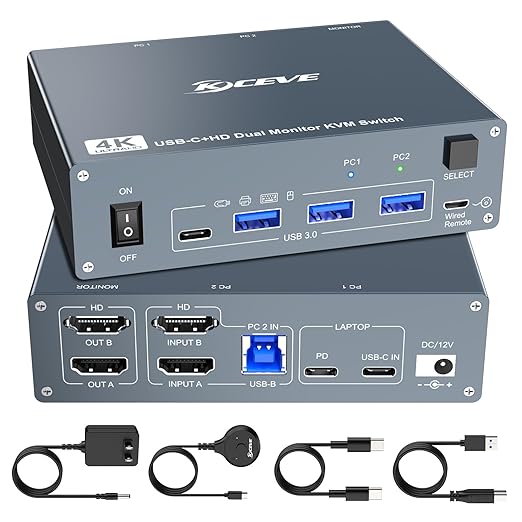 USB C HDMI KVM Switch 2 Monitors 2 Computers 4K@60Hz,Dual Monitor USB Type-C Docking KVM Switches for Laptop & Desktop Share 2 Monitor and 4 USB3.0 Devices,Support 80W Charging for Laptop