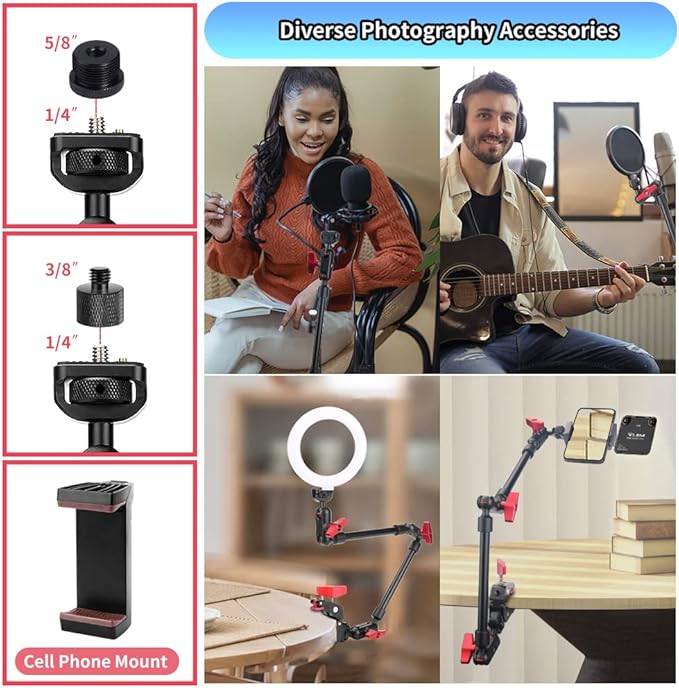 22" Magic Arm w Clamp Mount, Overhead Desk Phone Mount Stand, Adjustable Articulating Friction Camera Boom Arm w 1/4" Thread for Phone Video Light Webcam Action Camera Tripod Mic