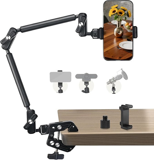 22" Magic Arm Clamp, Overhead Phone Mount Holder Stand, Flexible Desk Camera Mount, Articulating Friction Boom Arm with 1/4" 3/8" Threads for Phone, DSLR, Action Camera,Filming, Light, Webcam, Mic