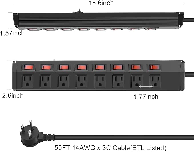 8 Outlet Heavy Duty Power Strip with 8 Individual Switches,Moutable Metal Power Strip Surge Protector 1200 Joules,50FT 14AWG Extension Cord,15A 1800W 125V 60Hz