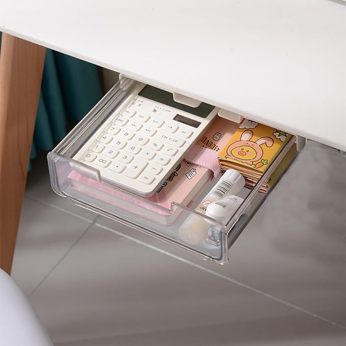 Under Desk Storage Drawer Self-Adhesive Easy Hidden Desktop Organizer, Attachable Clear Acrylic Storage Tray Under Table Drawer for Home Office School Counters Workstation, 1 Pack