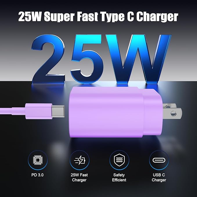 Essri Type C Charger Fast Charging for Samsung Galaxy S25/S24/S23/S22/Note 20,4Pack 25W Super USB C Fast Charger Block with (6ft+10ft) x2 Cables for iPhone 15/16 Pro Max/Plus, Android Phones-Purple