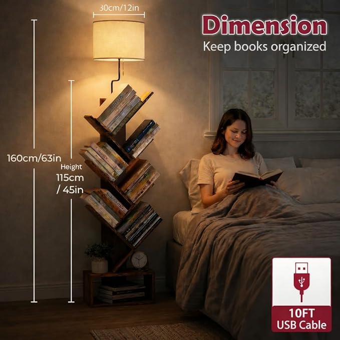 6 Tier Tree Bookshelf with Lights - Small Bookshelf Decor, Corner Bookshelf with Lamps, Living Room Storage, Tall Narrow DVD & CD Shelf, Comic Bookcases Standing for Bedroom or Office, Rustic Brown