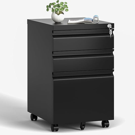3 Drawer File Cabinet, Vertical File Cabinets with Lock for Home Office,Heavy Duty Office Steel Filing Cabinet for Hanging Letters/Legal/A4, Assembly Required (Black)