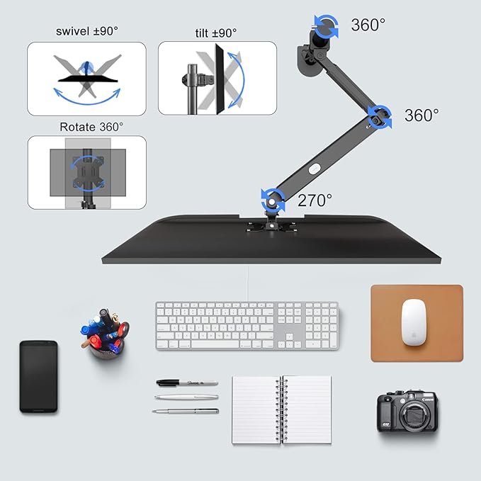 Pholiten Premium Single Monitor Arm for 13-32 Inch Computer, Holds 22 lbs,Gas Spring Monitor Stand for Desk with Swivel/Tilt/Rotation, VESA 75/100mm, Black