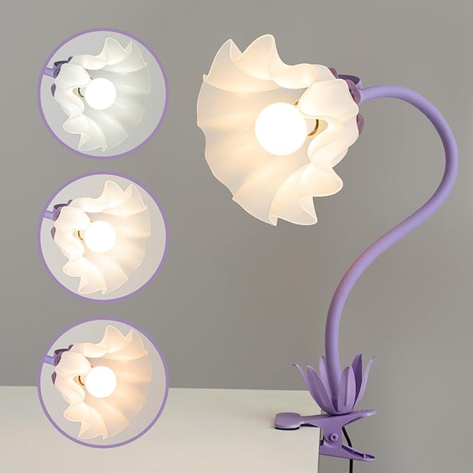 WERFOP Flower Desk Lamp with Clamp - School Dorm Supplies, 3 Color Modes Flower Eye-Caring Clip on Light, Flexible Neck Reading Lamps for Home College Studying Room Bedside (Purple)