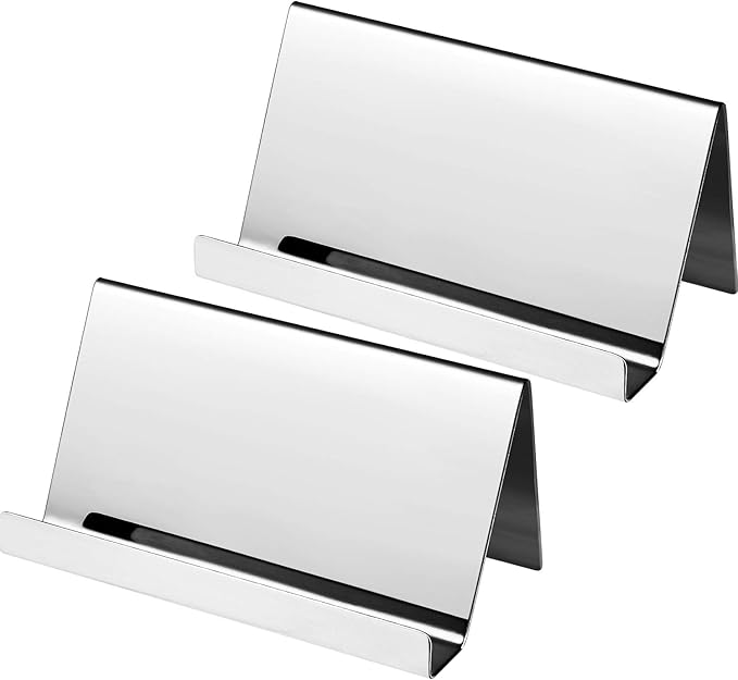 Maxdot 2 Pack Stainless Steel Business Cards Holders Desktop Credit Name Card Display Organizer for Business Mental Name Case Rack for Office Home Daily Use(Silver)