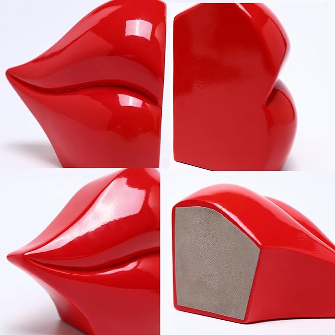 Red Lips Decorated Bookends，Set of 2 Heavy Decorative Book Stoppers，Unique Resin Decoration，Creative Desktop Red Decor for Study Room Hotel Office Shelves