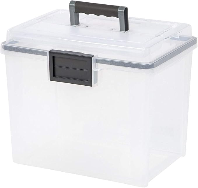 IRIS USA File Box WeatherPro Portable File Organizer Plastic File Box for Letter File w/Organizer-Lid, Durable Lid and Gasket Seal, Secure Latching Buckles, Stackable, Lockable, Clear 19 Qt. 4 Pack