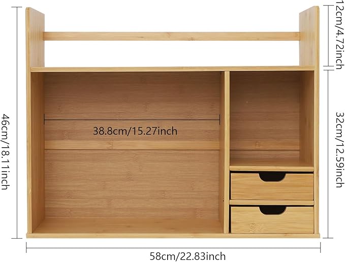 Bamboo Desk Organizer and Shelf Unit, 2-Tier Desktop Bookshelf with 2 Drawers, Sturdy Natural Tabletop Storage for Office Home Students, Space Saver, 22.83 * 18.11in, Holds 110lbs