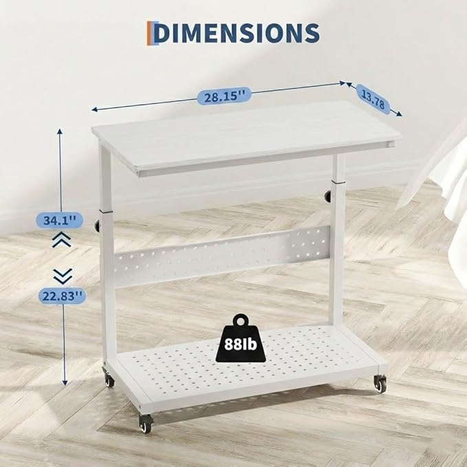 2-Tier Rolling Computer Tower Stand with Cable Management Rack, Height Adjustable CPU Holder Cart with Hooks for Gaming Home Office, PC Stand Fits Under Desk, White
