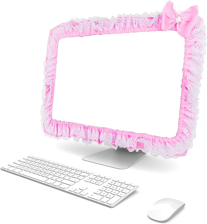 23"-27" Lovely Cute Computer Monitor Cover with Lovely Cute Elastic Pen Pocket Bow-knot TV LCD Screen Monitor Decoration Dust Cover Protector, Lace Fabric, Pink