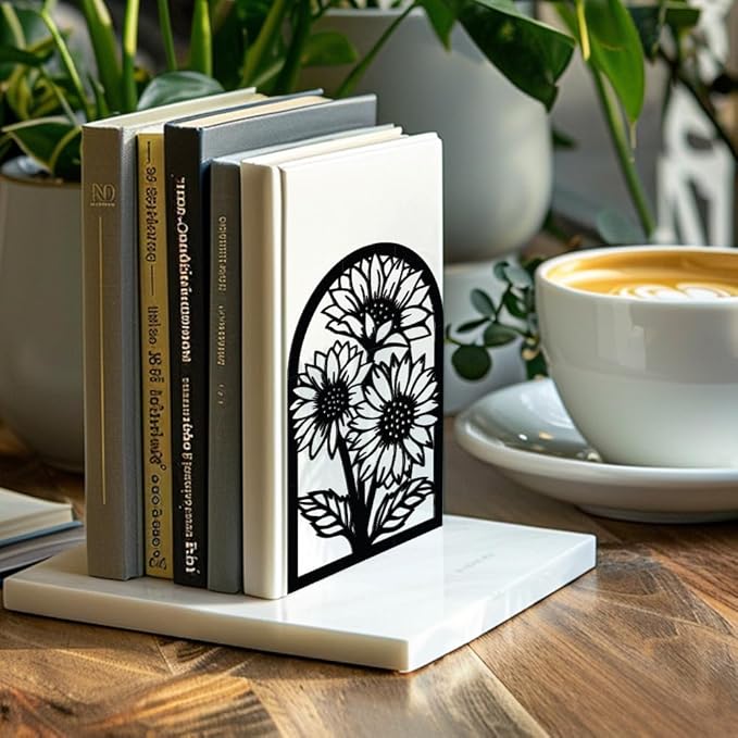 Peacoblue Metal Bookends for Shelves, Modern Decorative Heavy Duty Study Book Support Stoppers for Office, Desk, Shelf, Room 5.3"x4.3"x7.9" Cast Iron Simple Tall Bookends, 1 Pair (Sunflowers)