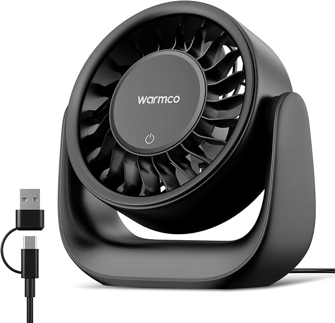Warmco USB Desk Fan with Touch Control, (USB Powered Only, No Battery) Small Personal Desktop Fan, USB-A & USB-C Plug, 3 Speeds Strong Airflow, Quiet Table Fans for Home Office Dorm