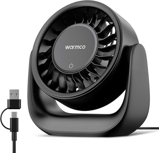 Warmco USB Desk Fan with Touch Control, (USB Powered Only, No Battery) Small Personal Desktop Fan, USB-A & USB-C Plug, 3 Speeds Strong Airflow, Quiet Table Fans for Home Office Dorm