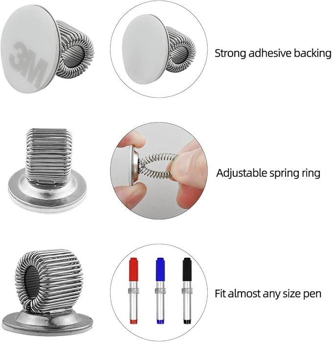 8 Pcs Manganese Steel Pen Holder Clips Self Adhesive Pencil Organizer with Adjustable Spring Loop for Erase Board Whiteboard Bulletin Board Refrigerator Map Office Home Fit Any Size (Silver)