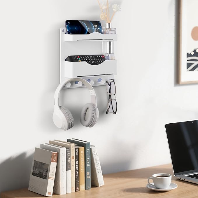 Bedside Wall Shelf with Glasses Hooks ，Adhesive Bedside Organizer Wall Mount for Dorm and Room Accessories Phone，Remote，Earphone， Kindle (White)