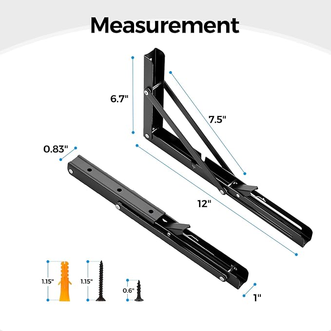 Home Expert 12 Inch Folding Shelf Brackets, 6 Pack (3 Pairs) Heavy Duty Metal Collapsible Wall-Mounted Brackets, Space-Saving DIY Foldable Shelf for Benches and Tables, Matte Black