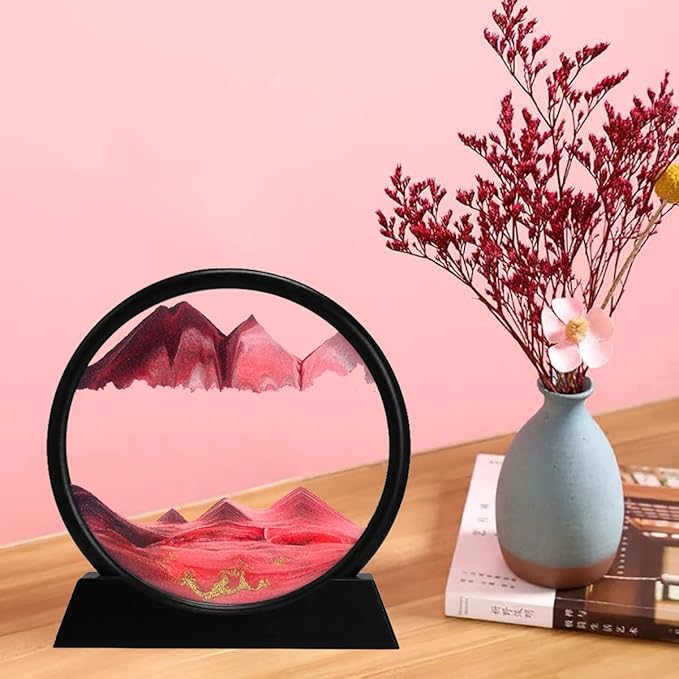 rysnwsu 3D Dynamic Sand Art Liquid Motion, Moving Sand Art Picture Round Glass 3D Deep Sea Sandscape in Motion Display Flowing Sand Painting Relaxing Desk Toys (Pink, 12'')
