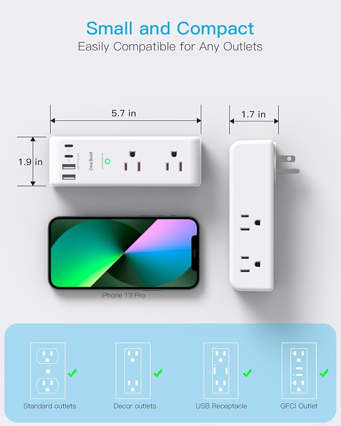 PD 20W Surge Protector Outlet Extender, Rotating Plug, One Beat 6 AC Multi Plug Outlet with 4 USB Ports (2 USB C), 1800J, 3-Sided Swivel Power Adapter with Spaced Outlet Splitter for Home Office Dorm