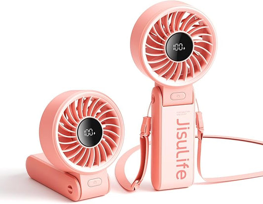 JISULIFE Handheld Fan Life7 – Ultimate Flexibility: Wide & Strong Airflow, 13H Max Cooling, 3600mAh Rechargeable, 5-Speed, LED Display, 3 IN 1 Portable Fan for Travel, Concerts, Sports Events(Pink)