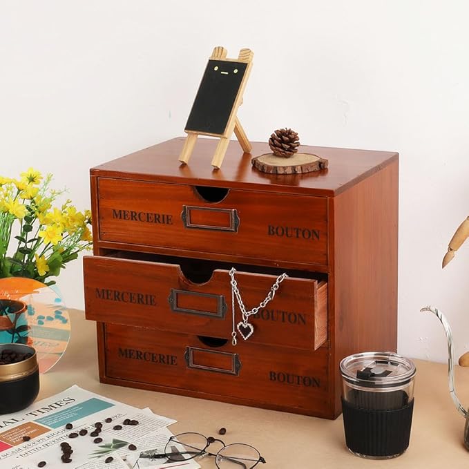 Wooden Storage Box Rustic Desktop Organizer with 3 Drawers Office Desk Accessories Shelf Large Craft Storage Containers Apothecary Cabinet and Chest Jewelry Holder for women(BROWN)