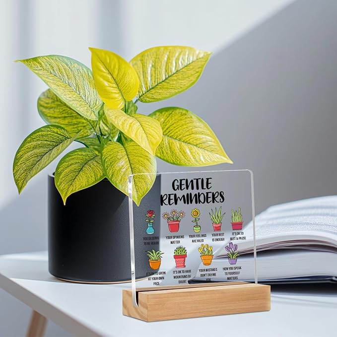 Gentle Reminders Acrylic Sign Decor, Positive Affirmations Desktop Art Decorations for Home Therapy Office, Cute Potted Plants Acrylic Plaque, Shelf Cubicle Decor for Therapy Desktop Art Decoration