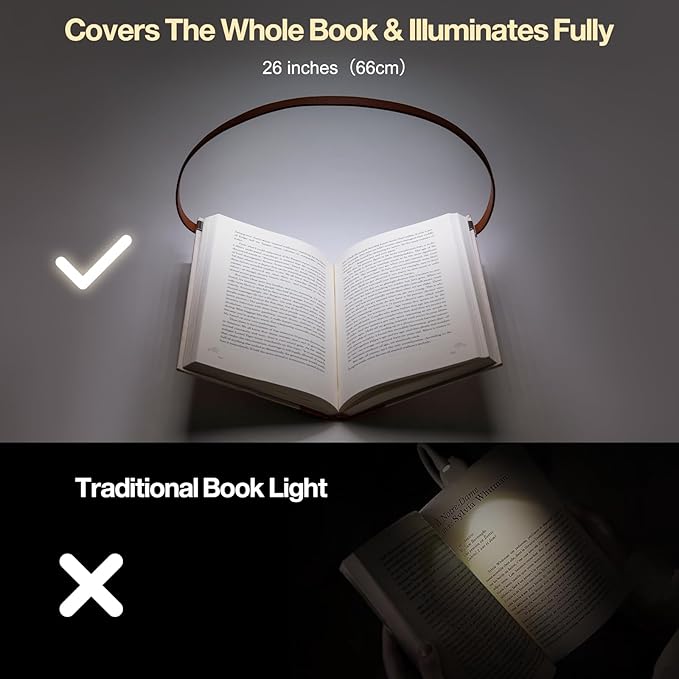 ROOKIELEDS Faux Leather Strip Clip-On Book Light, Rechargeable Reading Light, Full Book Cover, CRI 90+, 4 Colors & Stepless Dimming, Battery Indicator, Portable for Bed Travel Book Lovers
