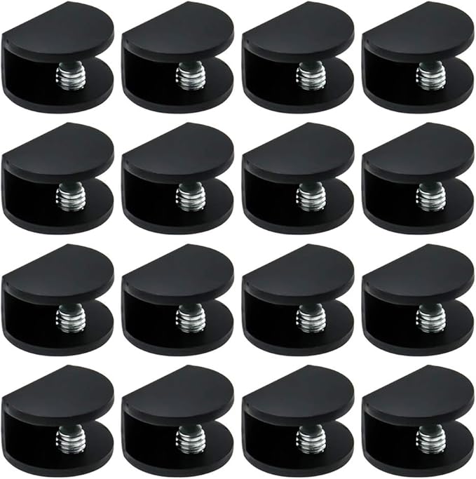 Adjustable Glass Clamp Brackets 16Pcs, for 0.2-0.31 Inch Thick Glass Shelves, Aluminum Alloy Wall Mount Clips Holder , Shower Railing Support Hardware, Matte Black