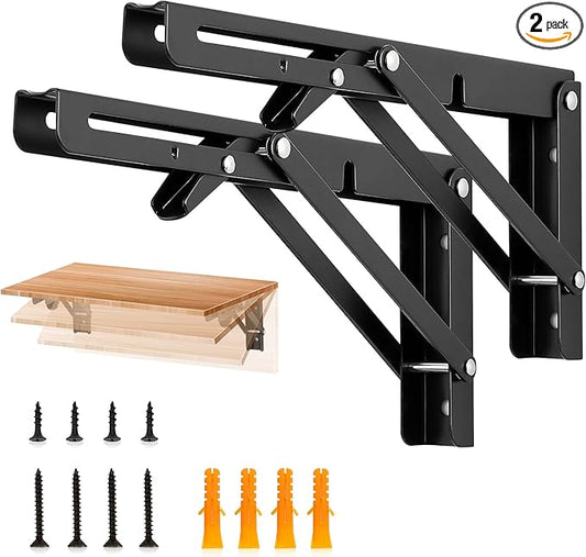 JOY DECOR 10 Inch Heavy Duty Folding Shelf Brackets, 2 Pack (1 Pair) Collapsible Wall Mounted Brackets for Fold Down Table, Stainless Steel Folding Table Hinge, Matte Black