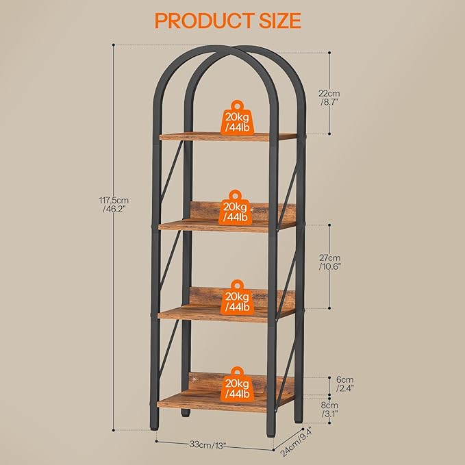 HOOBRO Bookshelf, 4-Tier Arched Bookshelf, Industrial Bookcase with Metal Frame, Small Book Shelf Storage Organizer for Living Room, Office, Bedroom, Rustic Brown and Black BF424SJ01