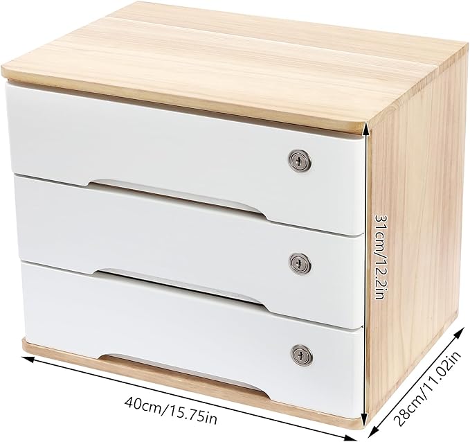 Wood Desk Organizer with 3 Drawers, Lockable Desktop Countertop Storage Cabinet for Home Office Supplies File Tabletop Organizing Unit, 15.75" x 11.02" x 12.2" (Wood)