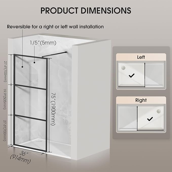 Walk in Shower Door, 36" W x 75" H Fixed Shower Glass Panel, 1/5"(5mm) Tempered Glass Shower Screen for Bathroom, 3 Glass Panels & Adjustable Support Bars - Matte Black