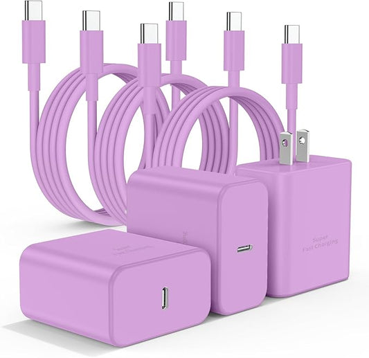 3Pack USB C Charger for Samsung Galaxy S24 Ultra, Super Quite Fast Charging Type C Block with 6FT C to C Cord for Samsung Galaxy Tab S9 S8 S23 Ultra S22 Ultra S23 S22 S21 Note 10 Plus 20,Purple