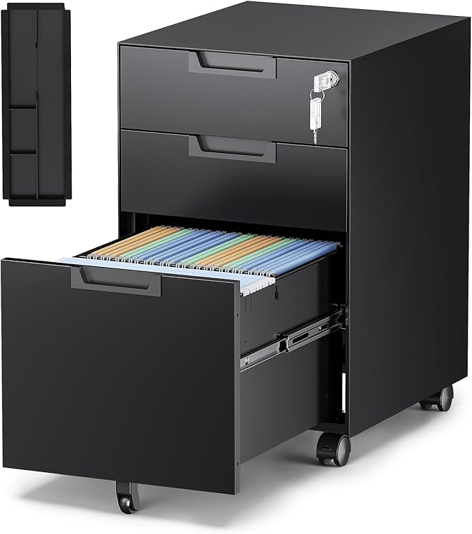 Mobile File Cabinet,3 Drawer Locking Storage Filing Cabinet,Office Metal Storage Cabinet on Wheels for Legal/Letter/A4 File(Fully Assembled，Black)